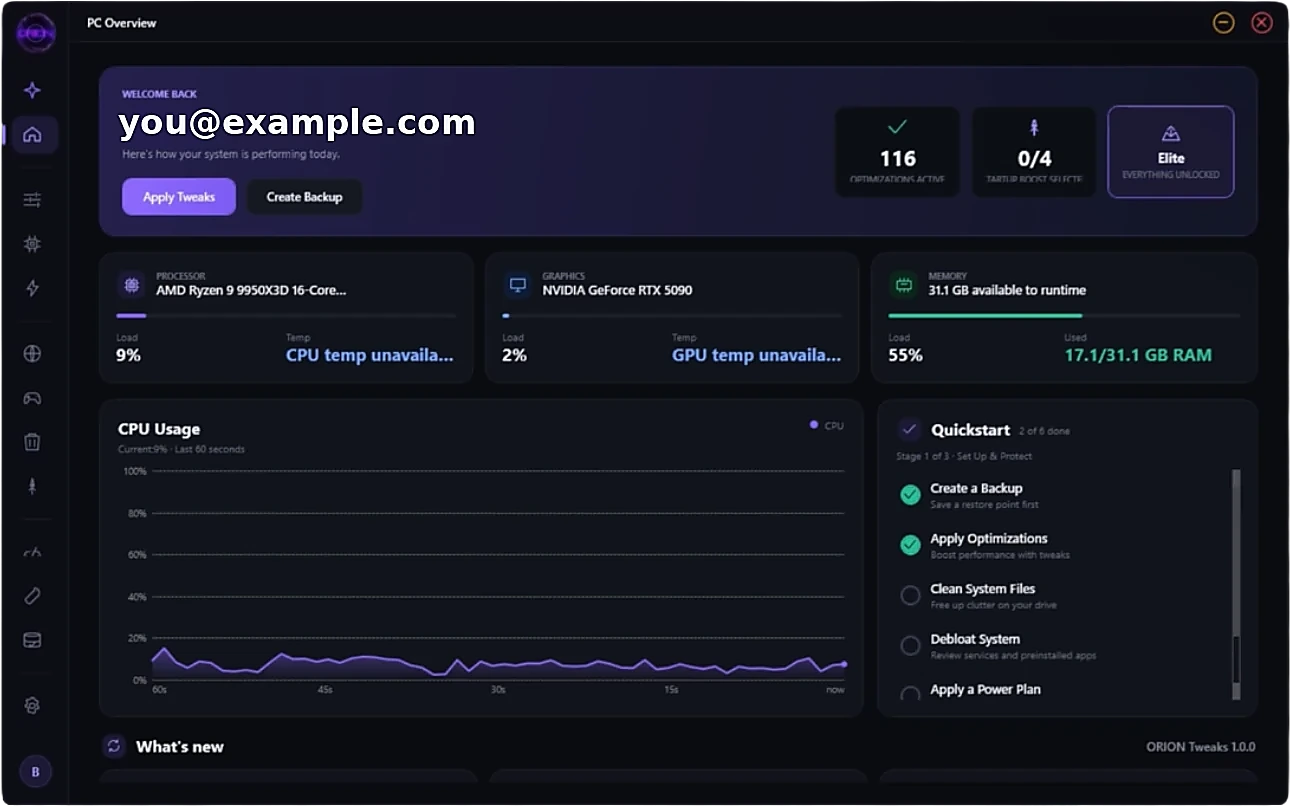 The ORION PC Overview dashboard: system health cards for processor, graphics and memory, a live CPU usage graph, and a Quickstart checklist.